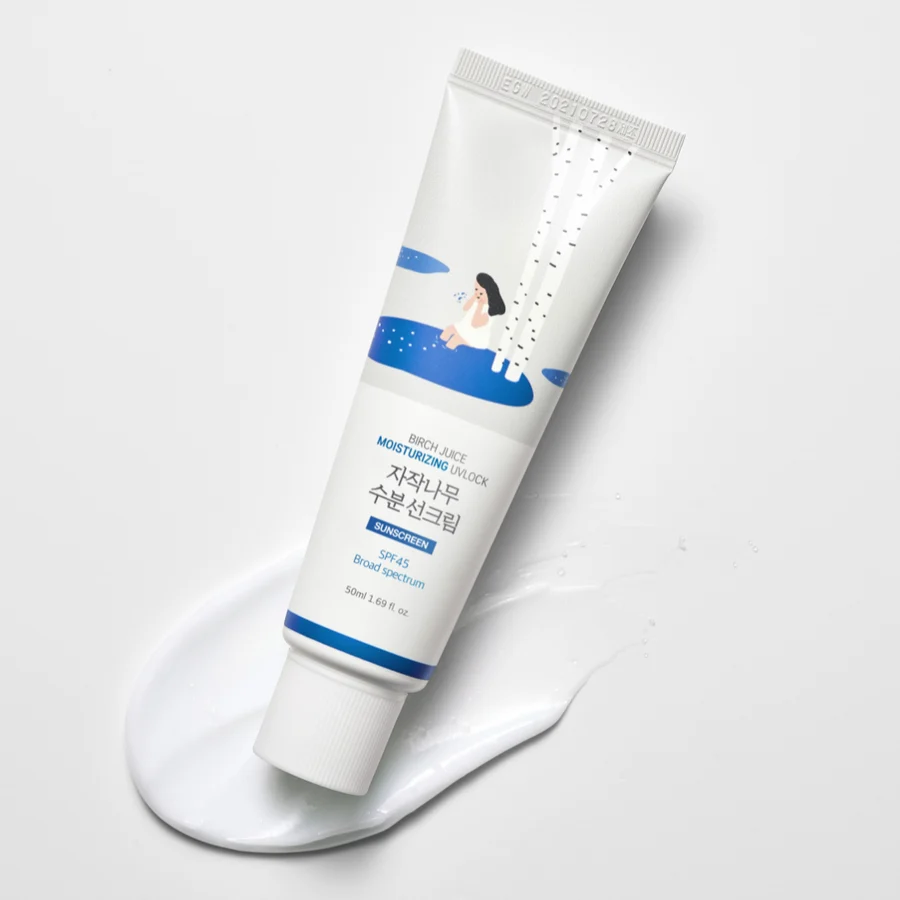 Round Lab Birch Moisturizing Sunscreen UVLock SPF 45+ on a blue background