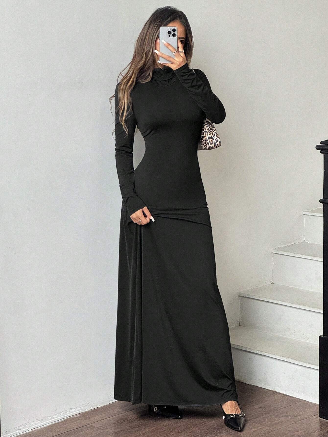 SHEIN EZwear high collar black stretch knit long dress