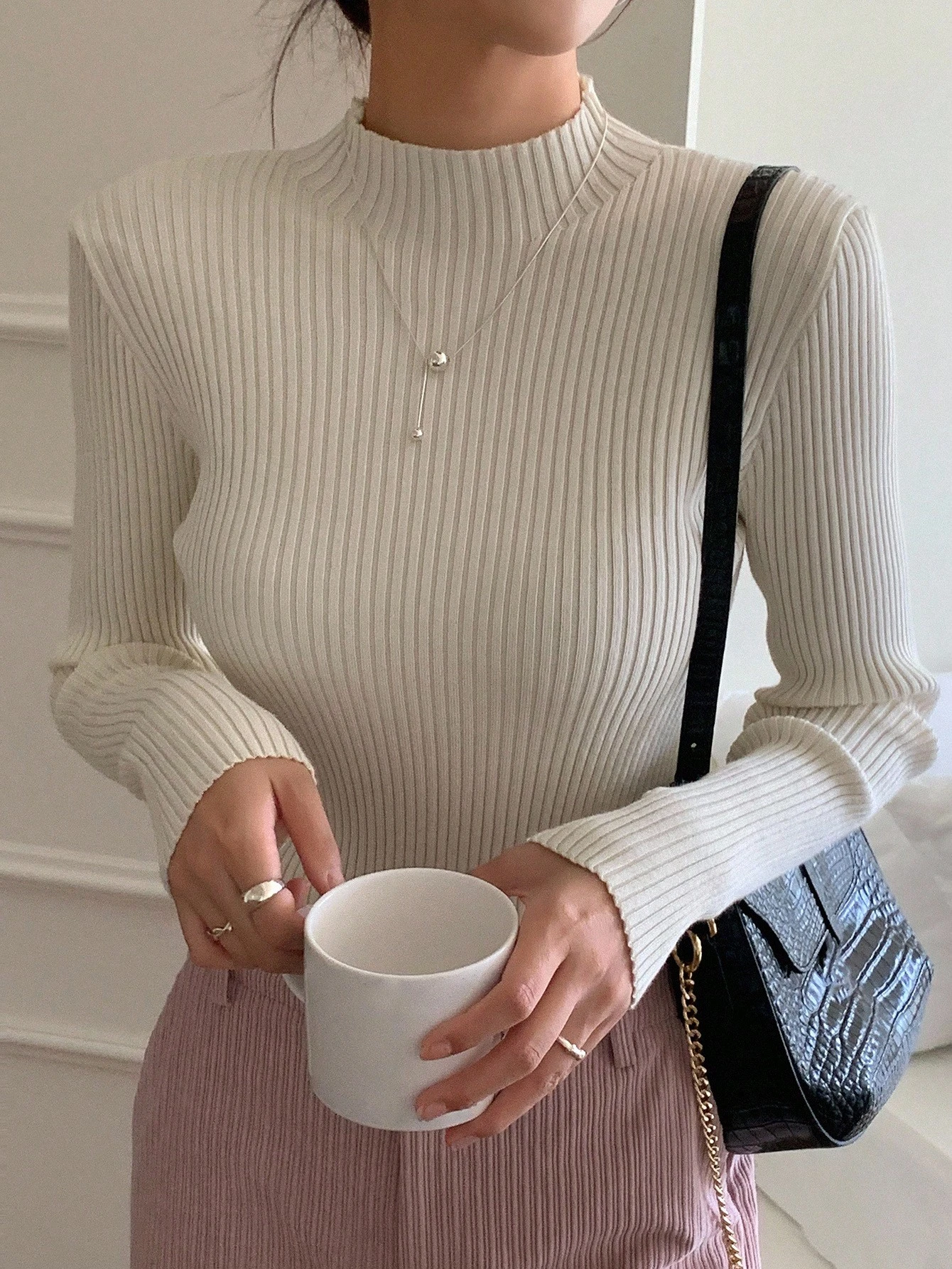Mock neck ribbed knit long-sleeve top