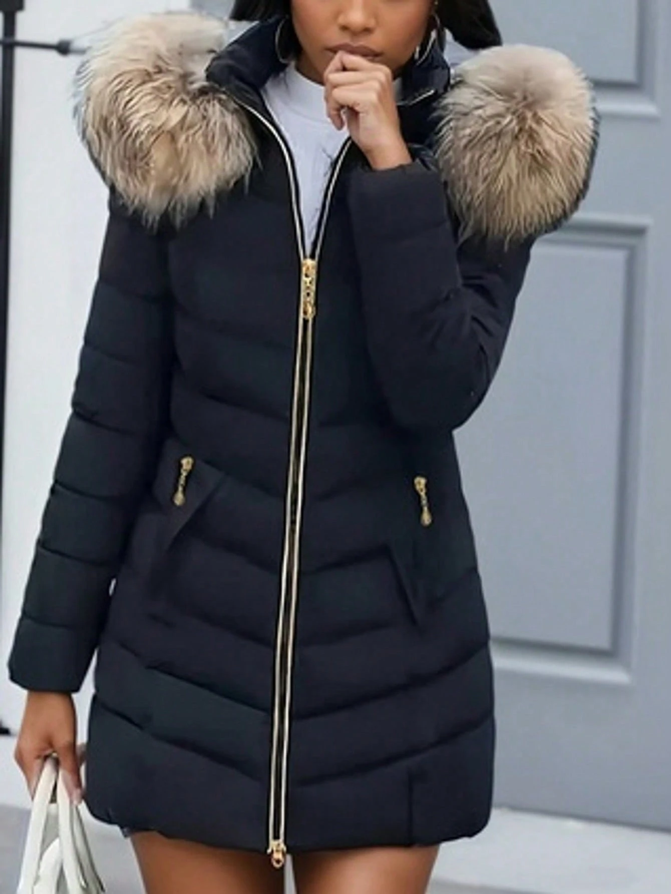 Women's mid-length thickened padded coat with large fur collar