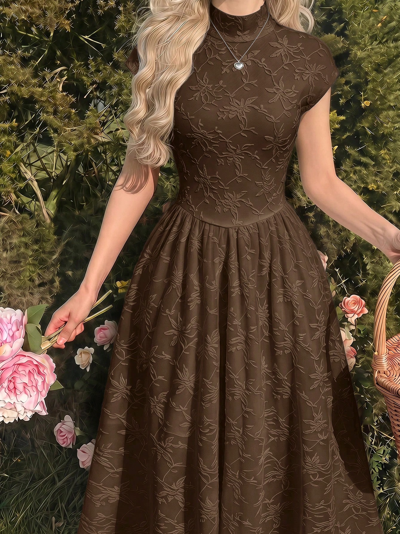 Women's brown high neck mid-length knit jacquard dress