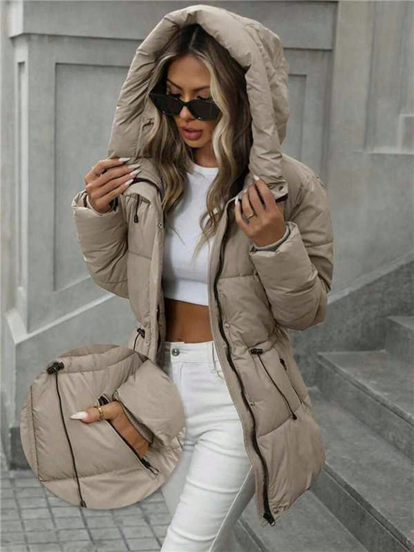 Women's mid-length hooded thick padded winter coat