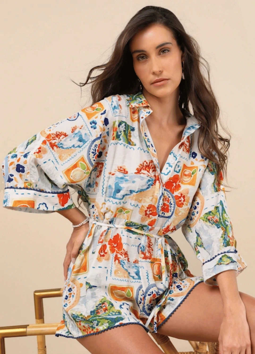 Lulus Azzurra Ivory Multi Print Three-Quarter Sleeve Romper