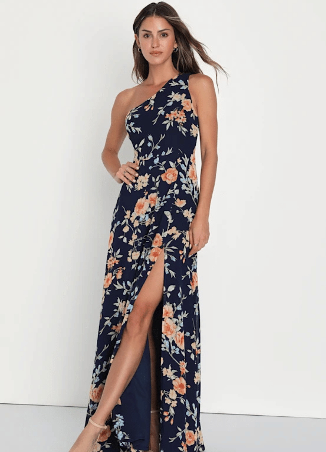 Lulus Elegant Admiration Navy Blue Floral One-Shoulder Maxi Dress