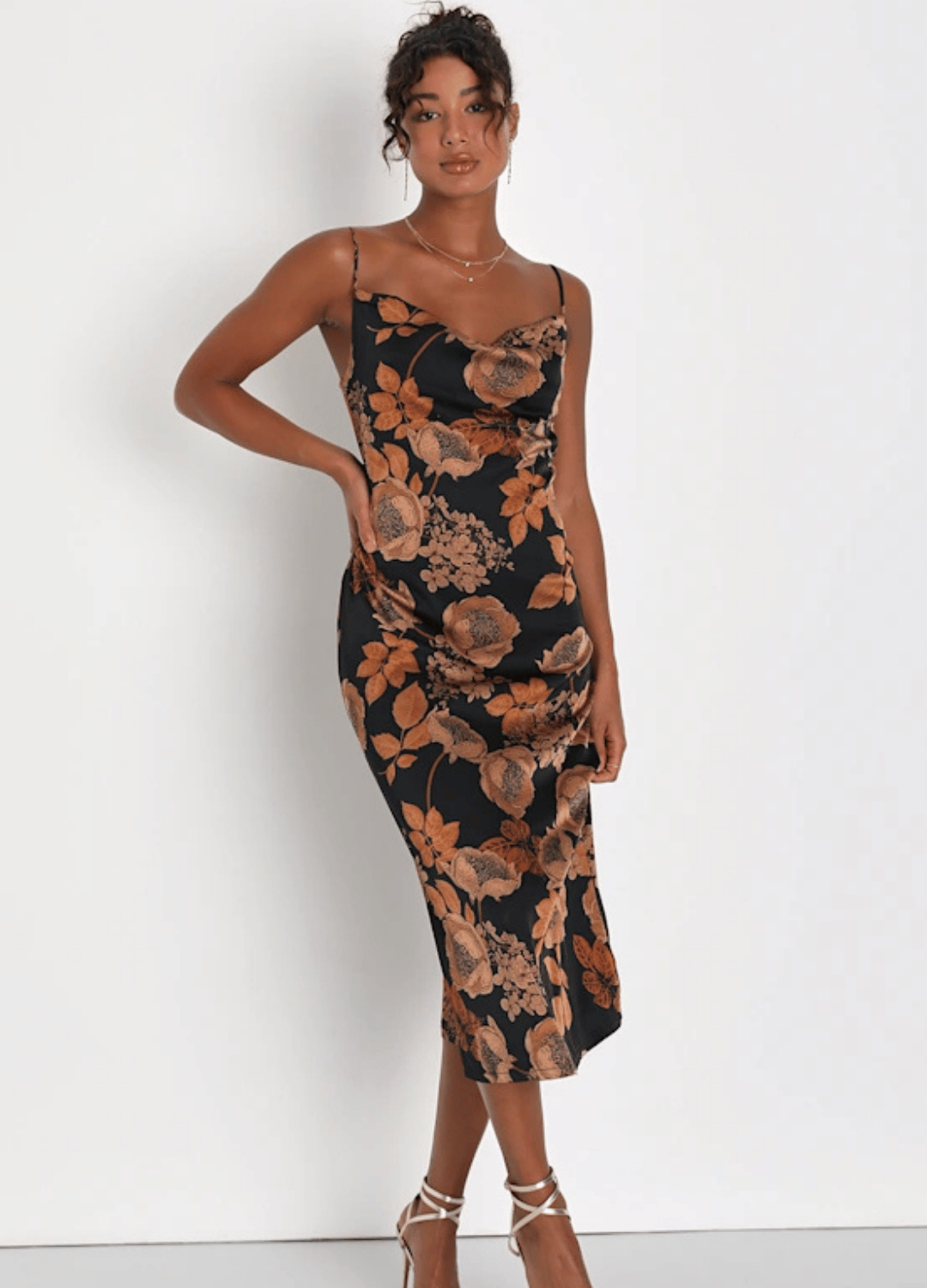 Lulus Favorite Icon Black Floral Satin Cowl Neck Slip Midi Dress