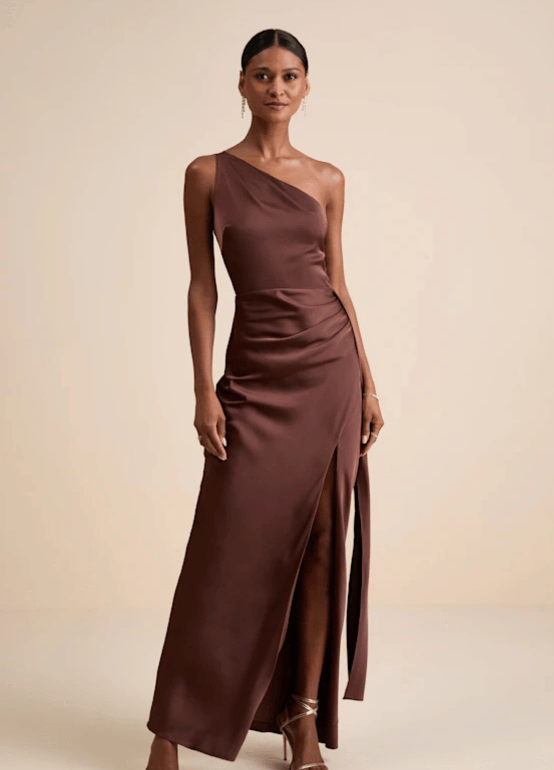 Lulus Signature Elegance Chocolate Brown Satin One-Shoulder Maxi Dress