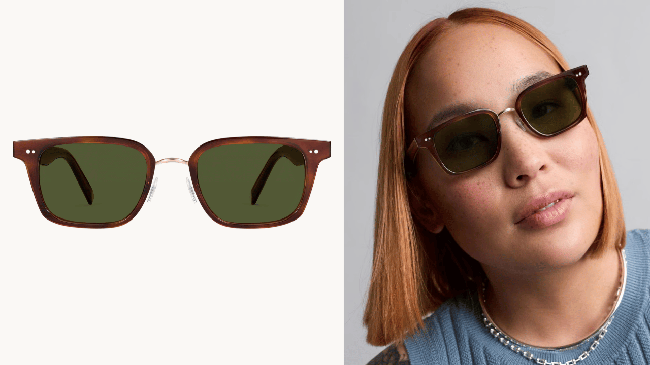 Warby Parker Zeke sunglasses in Cacao Tortoise with Riesling, front view